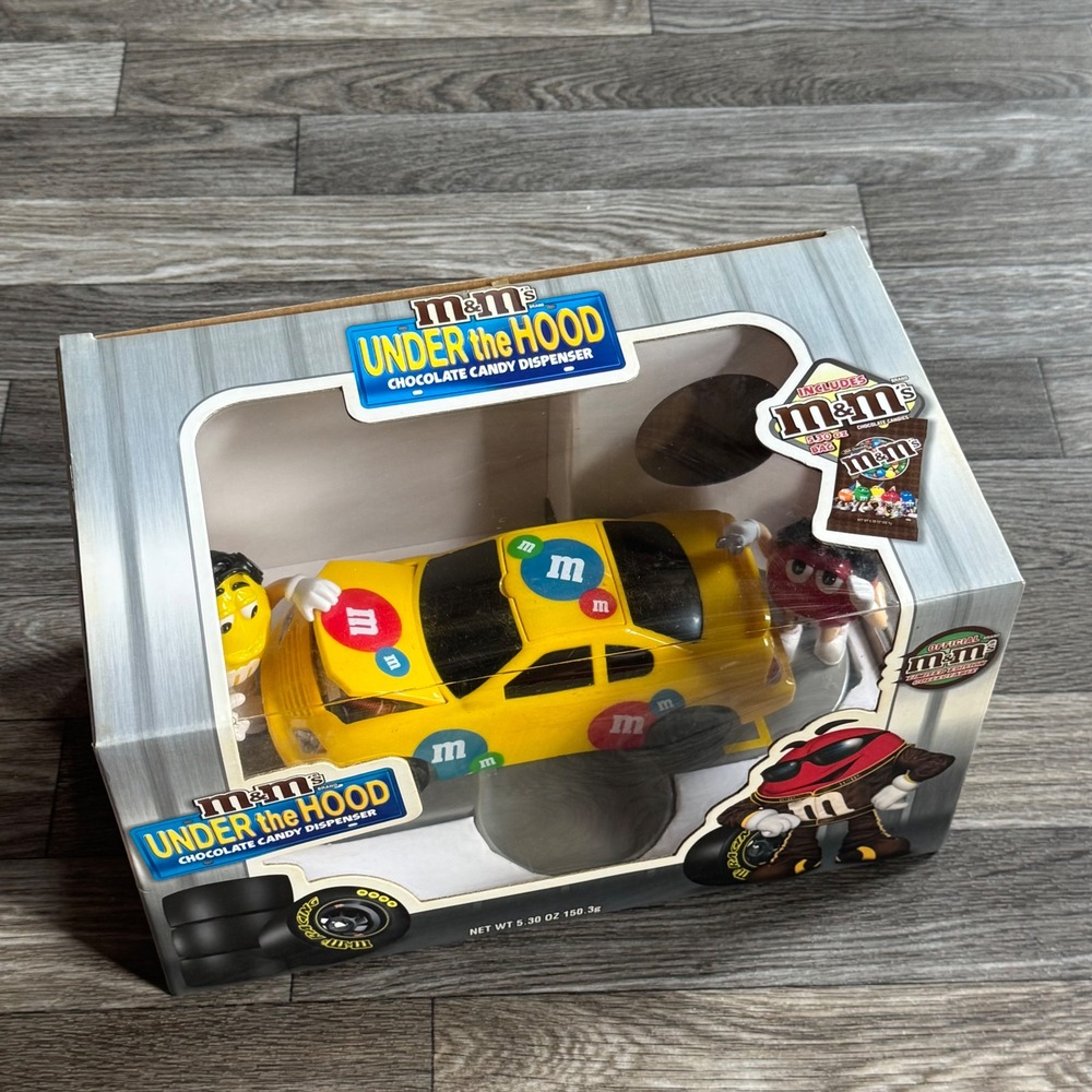 M&M's Under the Hood Candy Dispenser Yellow Race Car Pit Stop Red & Yellow New